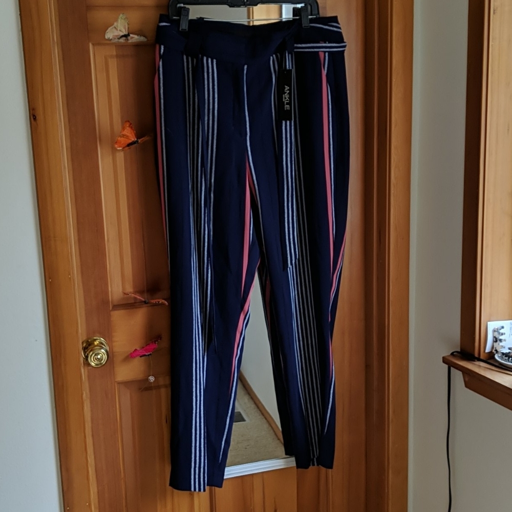 Striped Sash Waist Ankle Pant